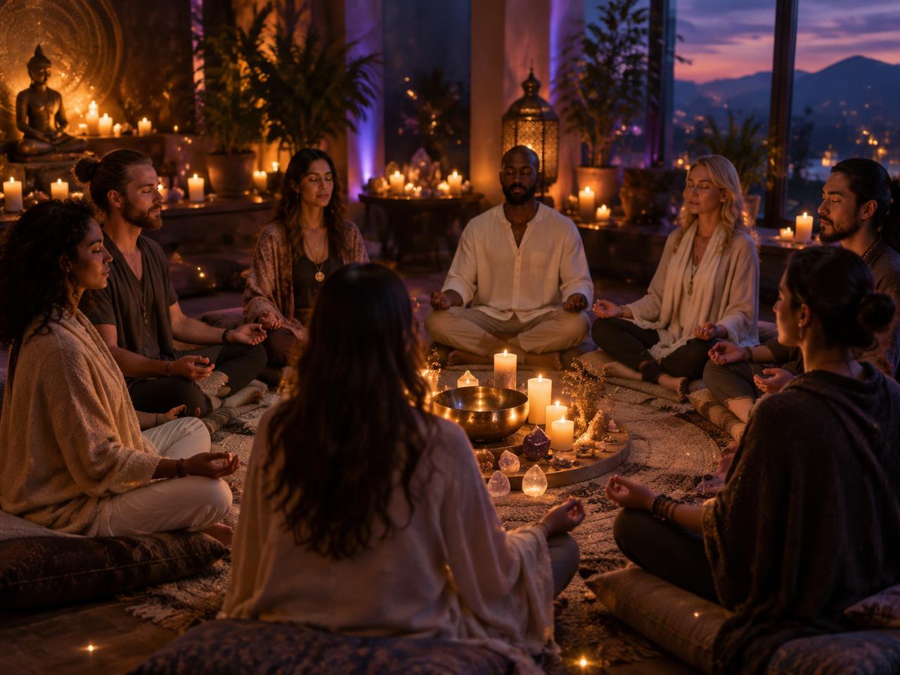 Círculo de alunos meditando juntos